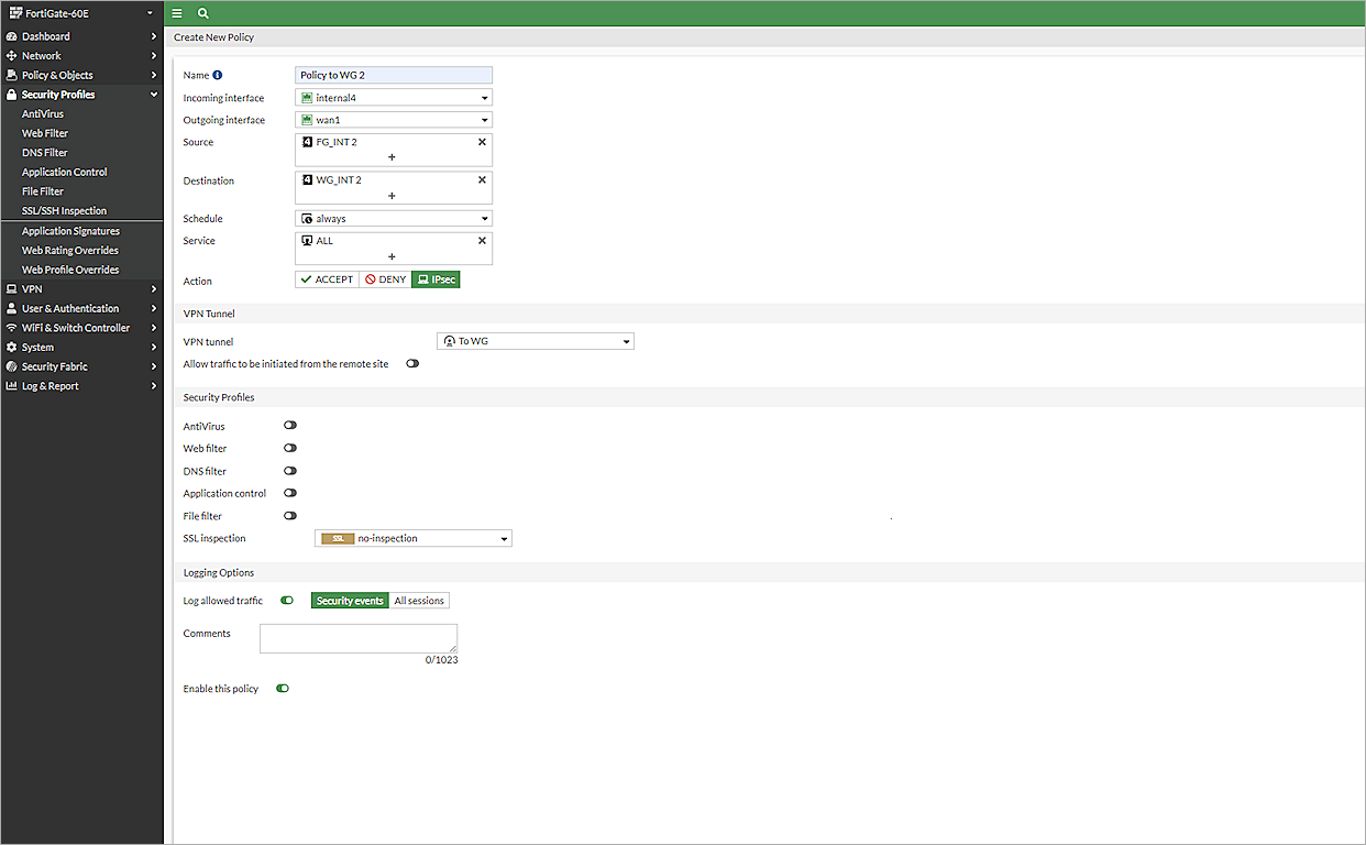 Screenshot of the Create New Polict page in the FortiGate Web UI with a new policy for a different subnet